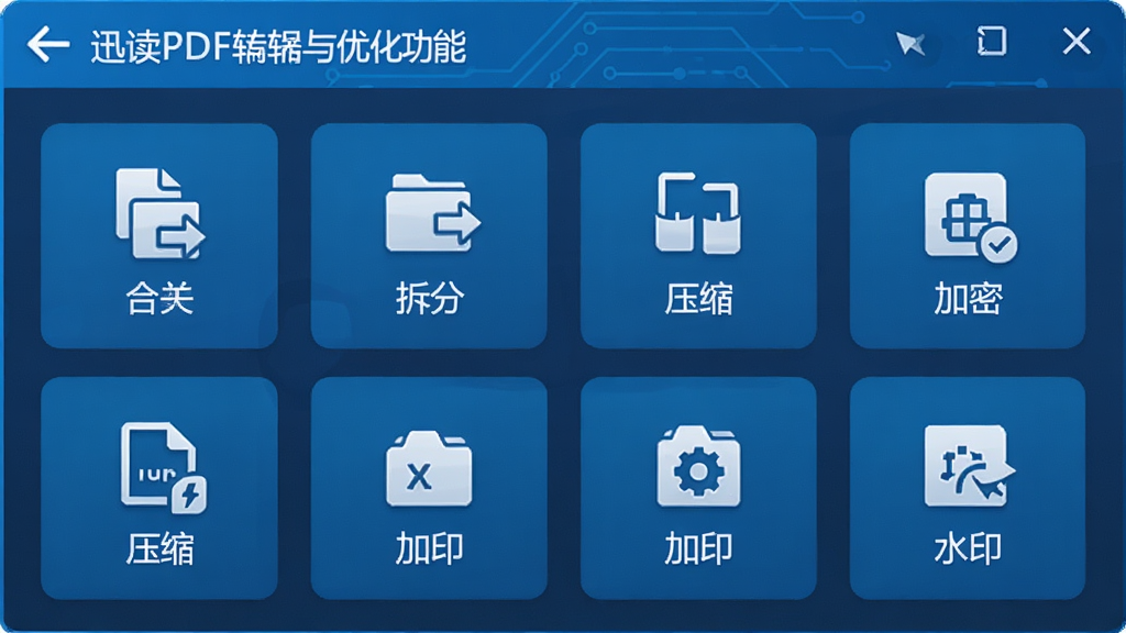 一张展示迅读PDF转换器编辑与优化功能的图片,主体是软件功能面板,布局为网格状功能图标排列,排版清晰,风格为科技蓝调,细节包括合并、拆分、压缩、加密、水印等功能图标,画质精细,画面干净,无多余元素