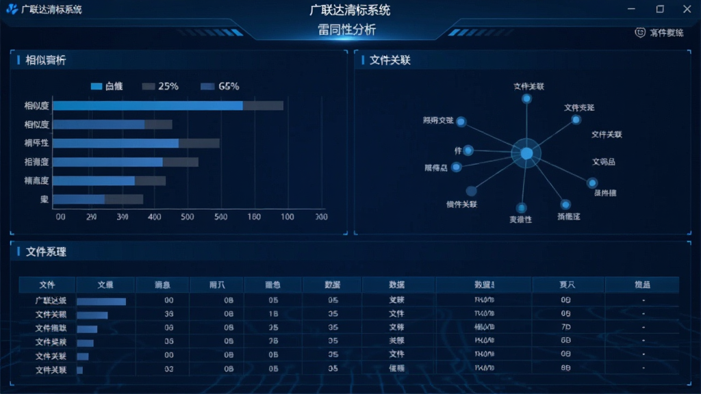 广联达清标系统雷同性分析界面截图,画面展示多份投标文件对比分析图,包含相似度百分比条形图、文件关联网络图与数据表格,界面采用深蓝色科技感配色,