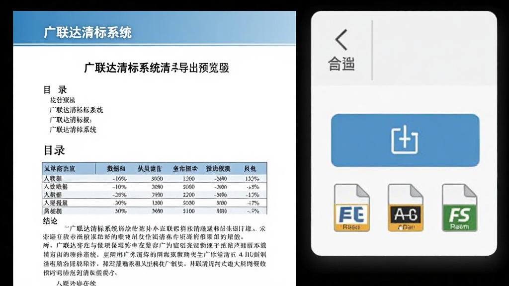 广联达清标系统清标报告导出预览图,画面展示一份专业报告文档,文档包含标题、目录、数据表格与结论段落,文档旁边有导出按钮与文件格式图标,整体风格正式商务,色调以白色与浅蓝为主,