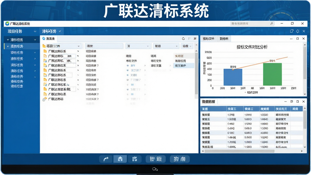 广联达清标系统软件主界面全景展示,画面中央为软件操作窗口,左侧显示项目文件列表与清标任务导航,右侧展示投标文件对比分析图表与数据表格,底部为功能按钮工具栏,整体采用蓝色商务科技风格,界面干净整洁,屏幕上方有