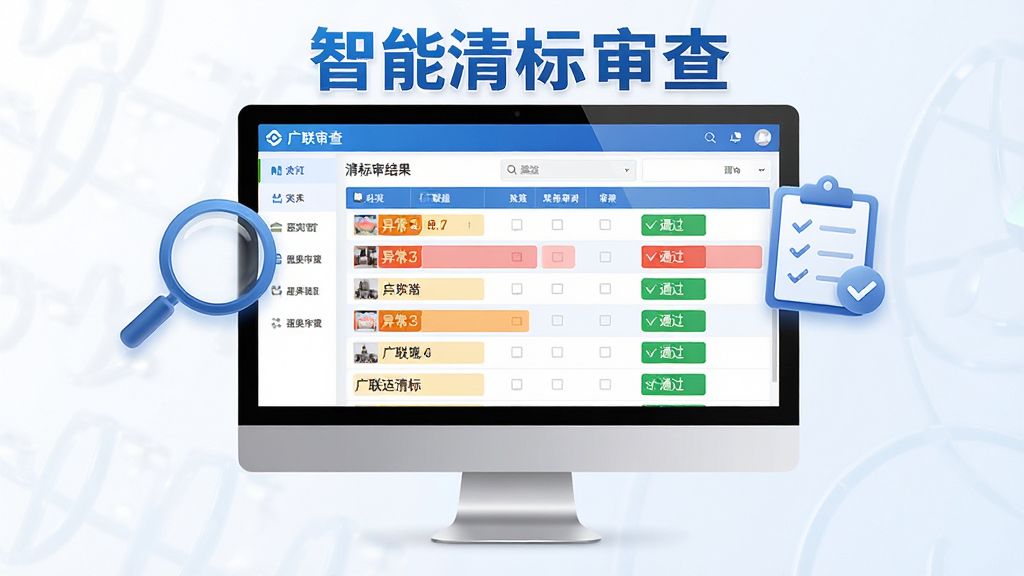 广联达清标系统智能审查功能展示图,画面中央为电脑屏幕,屏幕内显示清标审查结果列表,不同颜色高亮标注异常项与通过项,屏幕旁边悬浮放大镜与检查清单图标,整体风格简洁商务,色调以蓝白为主,画面干净,文字