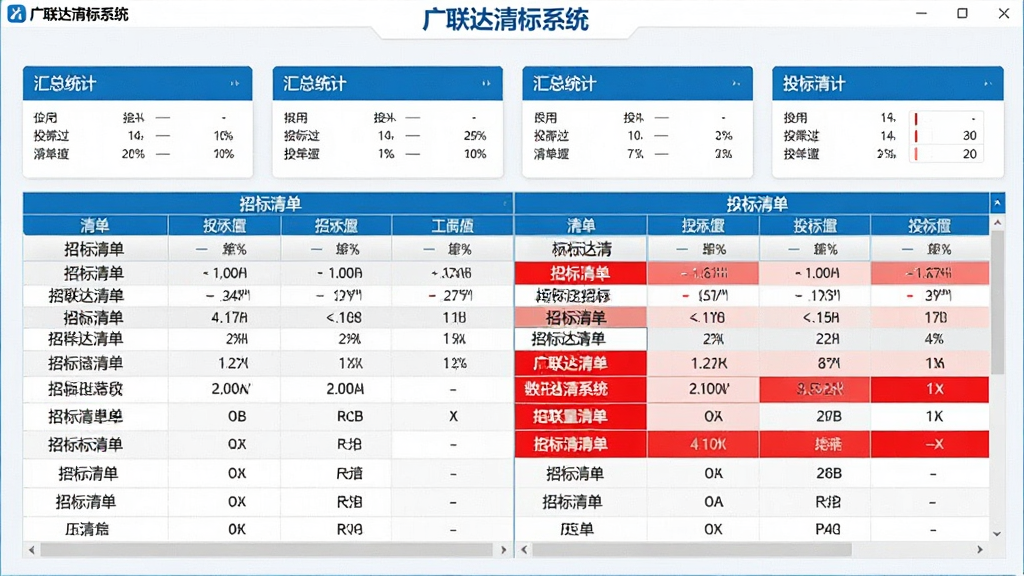 广联达清标系统工程量清单核对功能界面,画面中央为数据对比表格,左侧为招标清单列,右侧为投标清单列,差异项以红色高亮标注,表格上方有汇总统计卡片,整体采用浅色背景与蓝色表头,界面简洁专业,