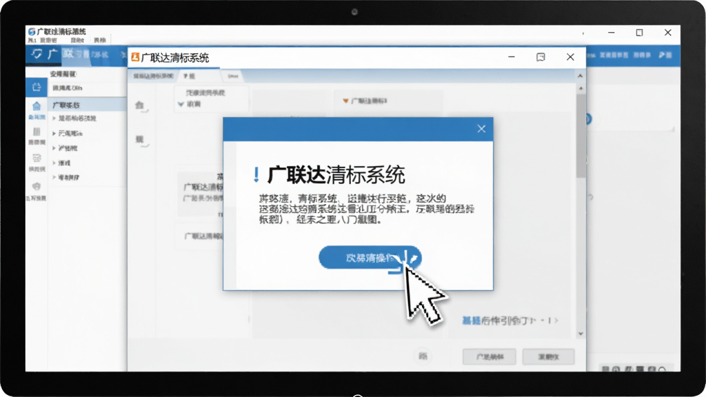 广联达清标系统新手操作引导示意图,画面展示电脑屏幕上的软件安装向导界面与操作提示弹窗,画面中有鼠标指针点击按钮的动作示意,整体风格简洁清晰,色调以蓝白灰为主,