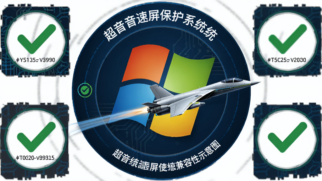 超音速屏保系统兼容性示意图,主体为Windows系统徽标与超音速飞行器结合,布局为居中环绕,排版突出兼容标识,风格为商务科技,细节包含系统版本号、对勾图标,画质为高清,画面干净无多余元素
