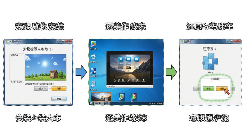 一张展示XP美化大师软件安装与还原操作流程的示意图,画面分为三个步骤,左侧是安装向导界面,中间是应用美化效果后的桌面,右侧是还原功能界面,布局为横向流程图,风格为教程图解,细节包括箭头指示、按钮高亮、文字标注,画质清晰,干净,无多余元素