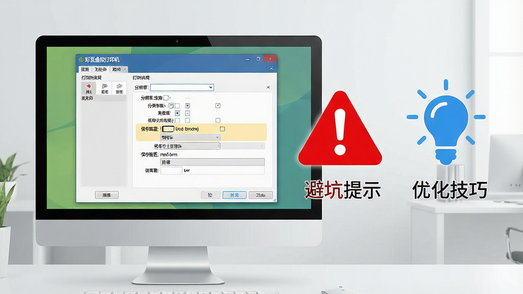 一张展示彩页虚拟打印机使用技巧与问题解决的示意图,画面中一台电脑屏幕上显示彩页虚拟打印机的打印首选项设置窗口,窗口内高亮显示分辨率选项和保存路径设置,屏幕旁边有一个醒目的红色警告图标和一个蓝色灯泡图标,分别代表避坑提示和优化技巧,背景为浅灰色办公环境,风格为简洁信息图风格,细节包括软件名称“彩页虚拟打印机”显示在窗口标题,画质清晰,干净整洁,无多余元素