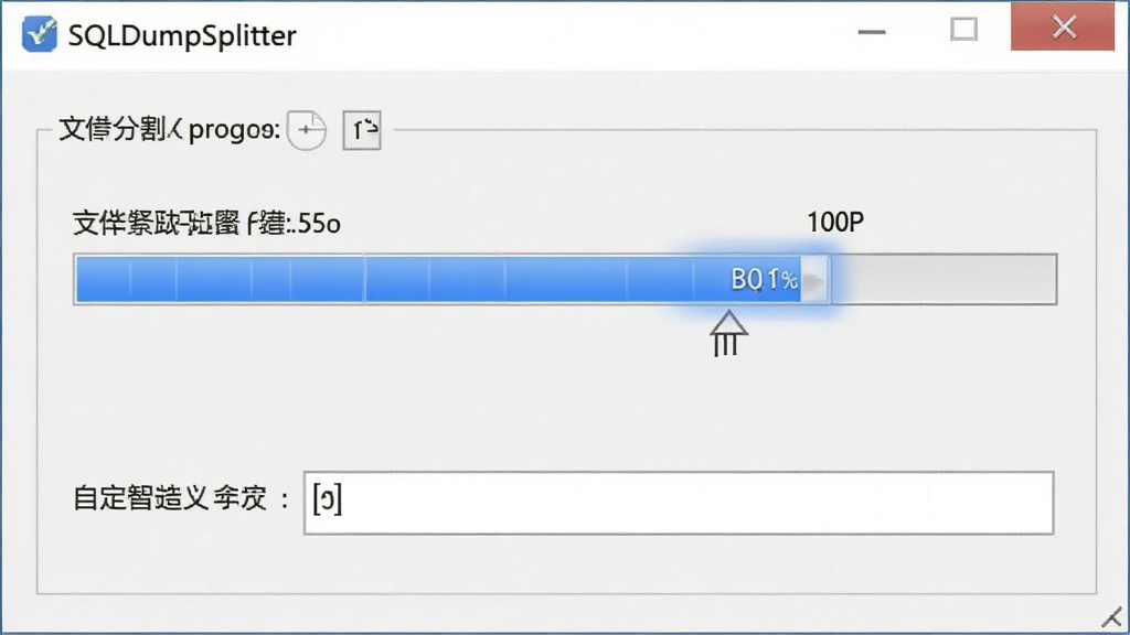 运行界面特写图,画面主体是SQLDumpSplitter软件的操作面板,面板上高亮显示着文件分割进度条和自定义大小输入框,布局为软件界面居中,排版清晰展示功能分区,风格为写实软件截图风,细节上能看到进度条正在快速推进,画质为1080P清晰,画面干净,无多余元素