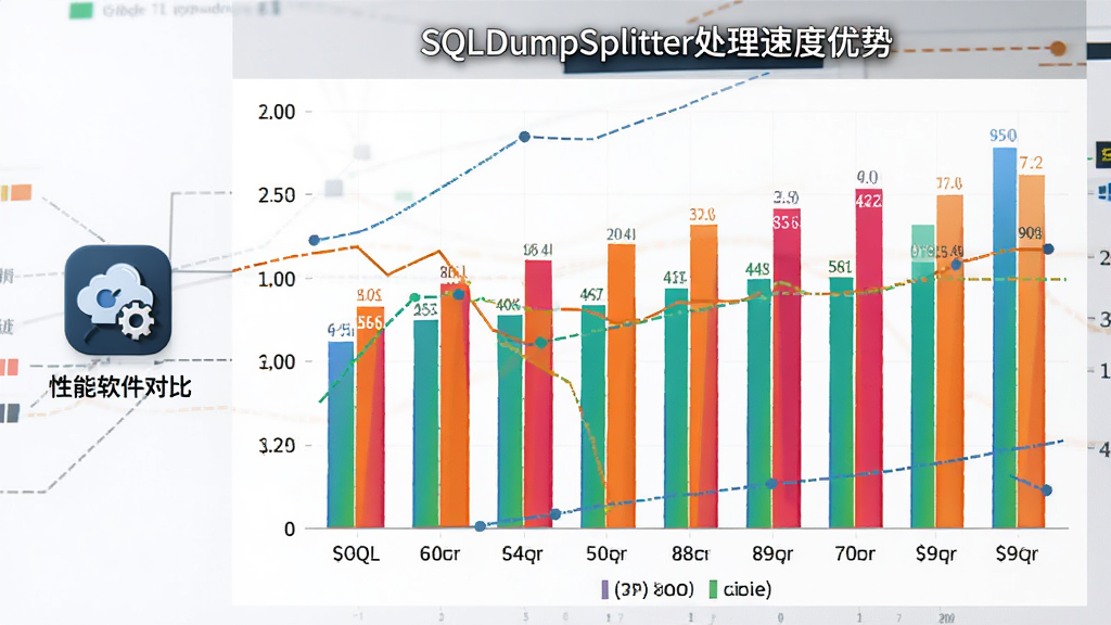 性能对比图表,主体是柱状图展示SQLDumpSplitter处理速度优势,布局为图表居中,排版左侧为软件名称与图标,风格为数据可视化商务风,细节上柱状图颜色鲜明,画质为高清,画面干净,无多余元素