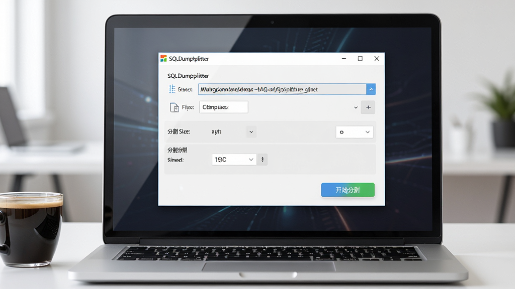 软件界面展示图,主体是一台打开的笔记本电脑屏幕,屏幕上显示着SQLDumpSplitter软件的运行窗口,窗口内清晰可见文件路径选择框、分割大小设置选项以及开始分割按钮,布局简洁明了,排版为居中构图,风格为现代科技简约风,细节上屏幕有轻微反光,键盘旁放着一杯咖啡,画质为4K高清,画面干净整洁,无多余杂乱元素