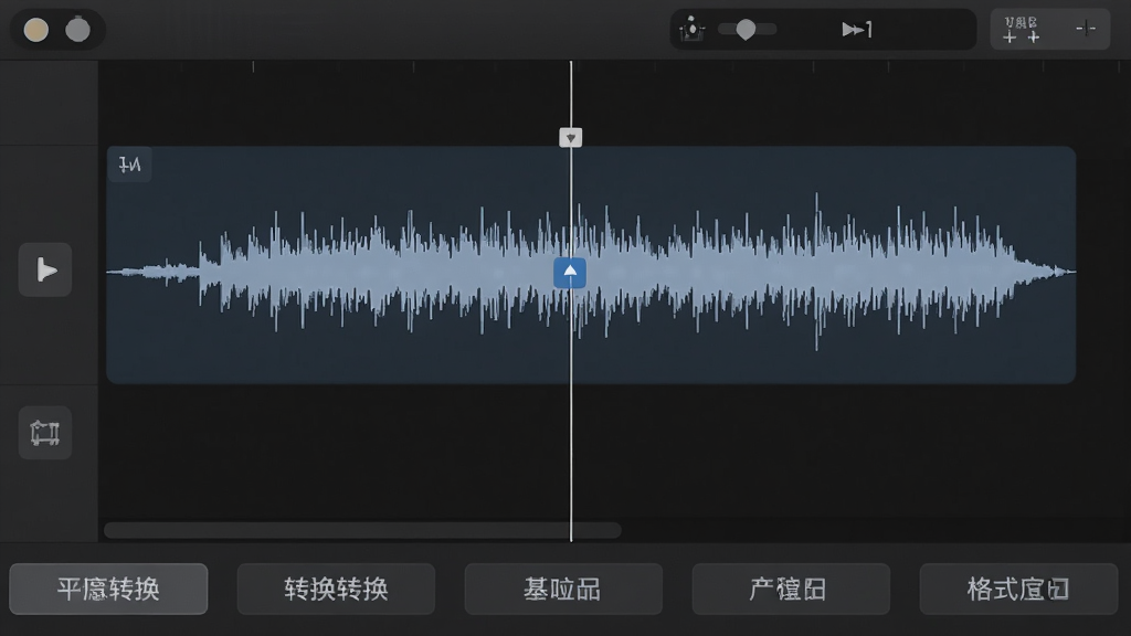 一张展示录音啦音频剪辑界面的图片,画面中央是音频波形轨道,轨道上有可拖动的裁剪标记,下方排列着格式转换选项按钮,整体界面布局清晰,采用深色主题风格,画质清晰,干净无多余元素