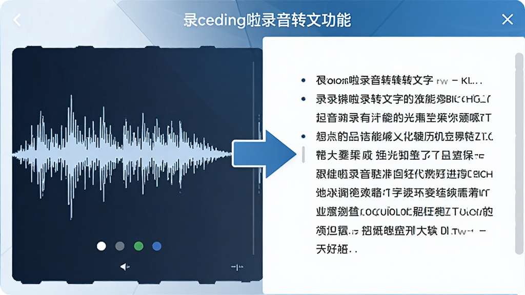 一张展示录音啦录音转文字功能的图片,画面左侧是音频波形图,右侧是正在生成的文字段落,中间用箭头连接表示转换过程,界面风格简洁商务,配色以白色和蓝色为主,画质清晰,干净无多余元素