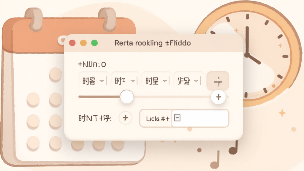 一张展示录音啦定时录制设置窗口的图片,窗口内有时间选择器和时长输入框,背景是日历和时钟的简约插画,整体风格柔和圆角,配色温暖,画质清晰,干净无多余元素