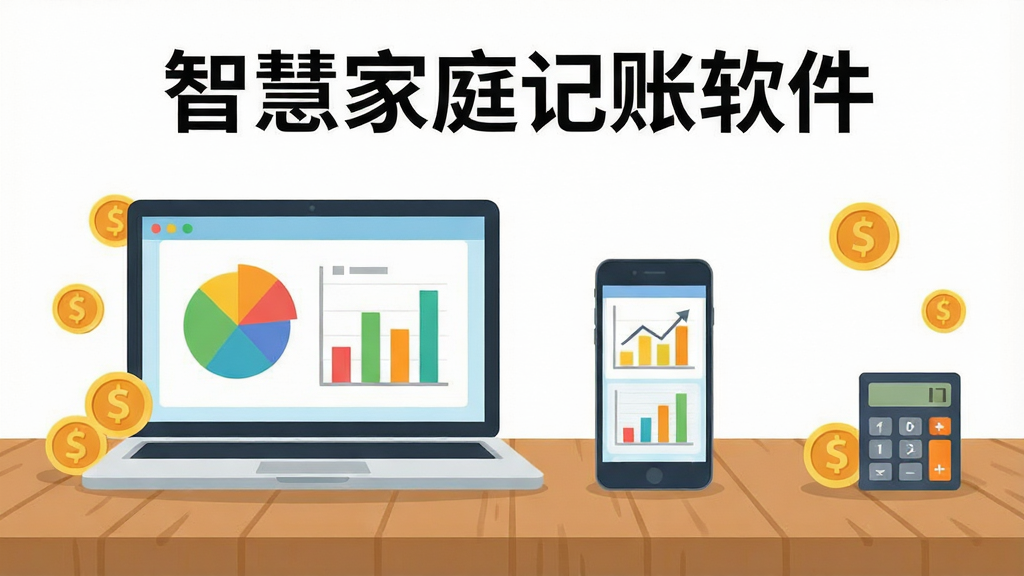 主体是一台笔记本电脑和一部智能手机并排放在木质桌面上,布局为左右对称,排版上方显示“智慧家庭记账软件”文字标题,风格为现代简约扁平化插画风格,细节包括屏幕上展示彩色饼图和柱状图,周围有金币和计算器图标点缀,画质高清,干净,无多余元素