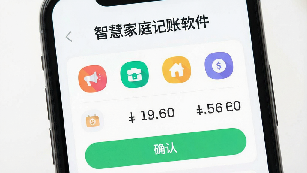主体是一个手机屏幕显示记账界面,布局为居中构图,排版上方有“智慧家庭记账软件”文字,风格为清新扁平化UI设计风格,细节包括彩色分类图标、金额数字和确认按钮,画质高清,干净,无多余元素