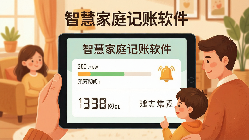主体是一个家庭场景中的平板电脑显示预算管理页面,布局为居中特写,排版上方有“智慧家庭记账软件”文字,风格为温暖家庭插画风格,细节包括进度条、预算数字和提醒铃铛图标,画质高清,干净,无多余元素