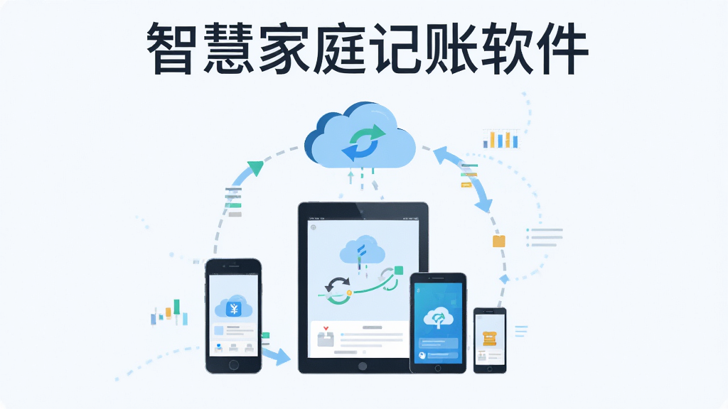 主体是手机、平板和电脑三台设备环绕排列,布局为三角形构图,排版上方有“智慧家庭记账软件”文字,风格为科技感扁平插画风格,细节包括云朵同步图标和数据流动线条,画质高清,干净,无多余元素