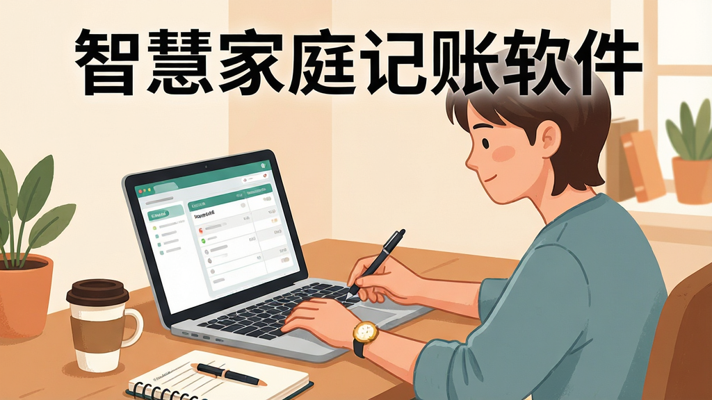 主体是一个年轻人坐在书桌前使用笔记本电脑记账,布局为侧面视角,排版上方有“智慧家庭记账软件”文字,风格为温馨生活插画风格,细节包括桌上放着咖啡杯和笔记本,屏幕显示记账界面,画质高清,干净,无多余元素