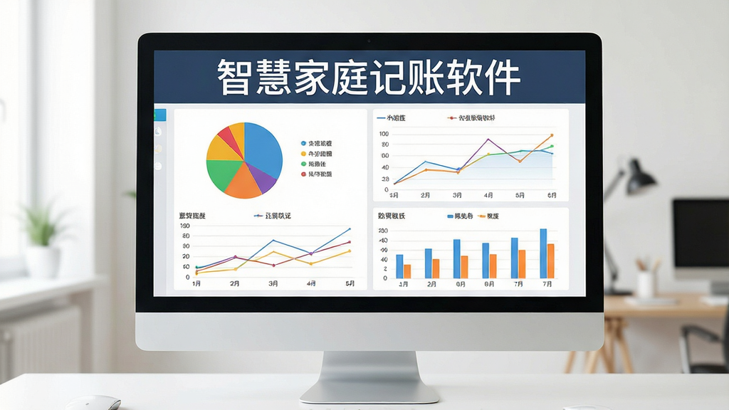 主体是一个电脑显示器展示数据报表界面,布局为居中排版,排版上方有“智慧家庭记账软件”文字,风格为商务简约数据可视化风格,细节包括彩色饼图、折线图和柱状图,画质高清,干净,无多余元素