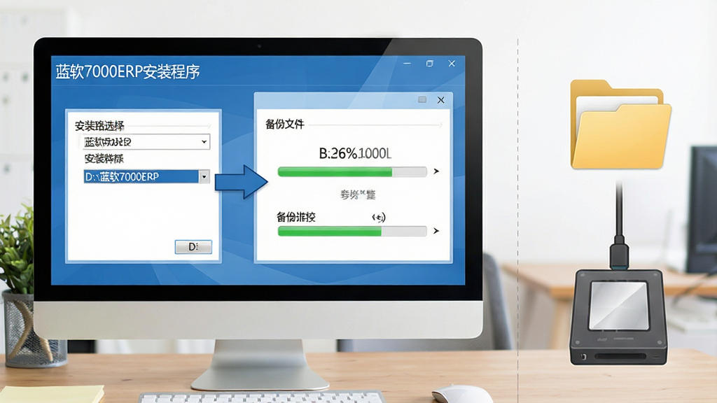 蓝软7000ERP安装与数据备份操作示意图,画面主体为电脑屏幕显示安装向导界面与备份进度条,屏幕左侧为安装路径选择框显示“D:\\蓝软7000ERP”,右侧为备份文件夹图标与移动硬盘连接示意,背景为办公桌面,整体布局为左右分栏结构,风格为教程图解风格,细节包括界面文字“蓝软7000ERP安装程序”、备份进度百分比数字、箭头指示操作步骤,画质为高清、干净、无多余元素