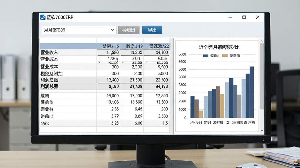 蓝软7000ERP财务报表界面截图,画面主体为电脑屏幕显示利润表,表格中包含营业收入、营业成本、税金及附加、利润总额等行项目,屏幕上方有月份选择下拉框与导出按钮,屏幕右侧展示一张柱状图对比近六个月销售额,背景为财务办公室桌面,整体布局为上下结构,风格为专业金融风格,细节包括软件名称“蓝软7000ERP”显示在窗口标题、数字对齐工整、图表配色沉稳,画质为高清、干净、无多余元素