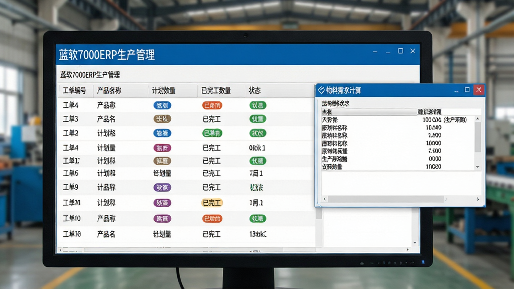 蓝软7000ERP生产管理模块界面截图,画面主体为电脑屏幕显示生产工单列表,列表中包含工单编号、产品名称、计划数量、已完工数量、状态等字段,屏幕右侧弹出物料需求计算窗口显示原材料名称与建议采购量,背景为工厂车间环境虚化处理,整体布局为左右分栏结构,风格为工业风写实风格,细节包括界面标题“蓝软7000ERP生产管理”、工单状态标签颜色区分明显、数字清晰可读,画质为高清、干净、无多余元素