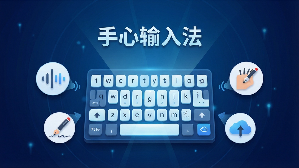一张展示手心输入法功能特性的创意插图。画面中心是一个发光的数字键盘,周围环绕着语音波纹图标、手写笔图标和云同步图标。背景是深蓝色的科技感渐变,键盘上方漂浮着“手心输入法”的字样。布局采用中心放射状构图,风格偏向扁平化科技风,细节包括清晰的图标纹理和柔和的阴影,画质高清,画面干净,无多余装饰元素