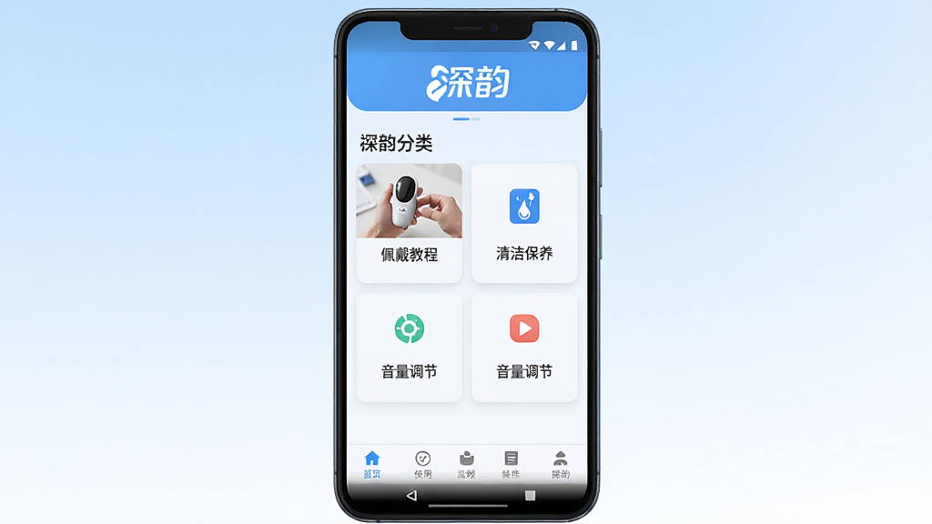 深韵软件主界面展示,画面中央放置一部安卓手机,手机屏幕显示深韵APP的首页,页面顶部有深韵文字标识,中部为助听器使用视频分类卡片,包含佩戴教程、清洁保养、音量调节等图标,底部为导航栏,背景为浅蓝与白色渐变,整体布局居中对称,风格清新简约,细节清晰,画质1080P,干净无多余元素