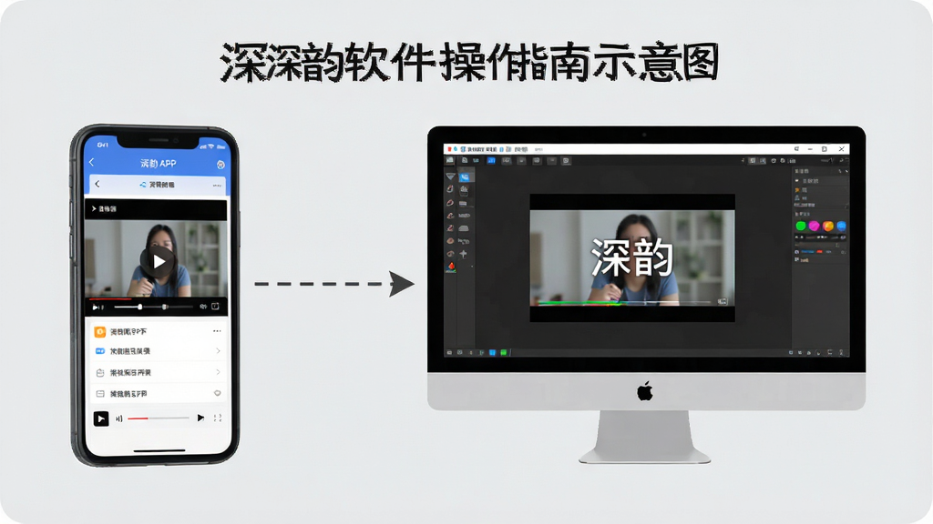 深韵软件操作指南示意图,画面展示一部手机与一台电脑并排摆放,手机屏幕显示深韵APP的视频播放界面,电脑屏幕显示模拟器运行深韵的界面,两者之间用虚线箭头连接表示数据同步,背景为简洁的浅灰色,风格扁平化,布局清晰,细节明确,画质清晰,干净无多余元素