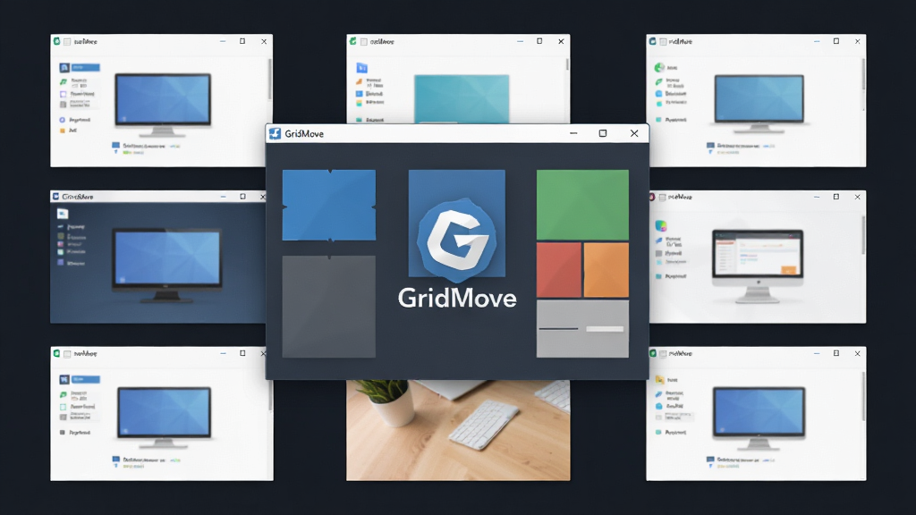 一张简洁的电脑桌面截图,画面中央是 GridMove 软件的图标与窗口布局示意图,四周分布着整齐排列的多个应用程序窗口,整体风格干净商务,排版清晰,画质高清,无多余元素