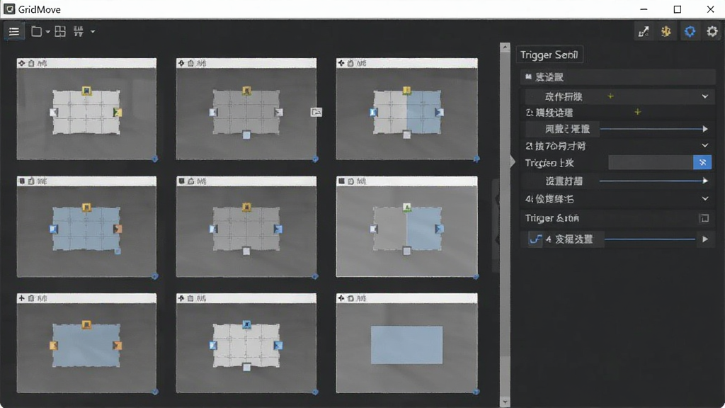 GridMove 软件界面截图,展示自定义网格布局与触发设置的选项面板,界面简洁直观,包含多个可拖拽的窗口区域示意,风格现代清爽,画质清晰