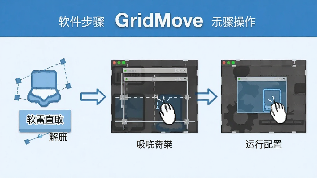 GridMove 软件操作步骤示意图,画面展示从下载解压到运行配置的完整流程,包含鼠标拖拽窗口吸附对齐的演示,风格直观清晰,画质干净