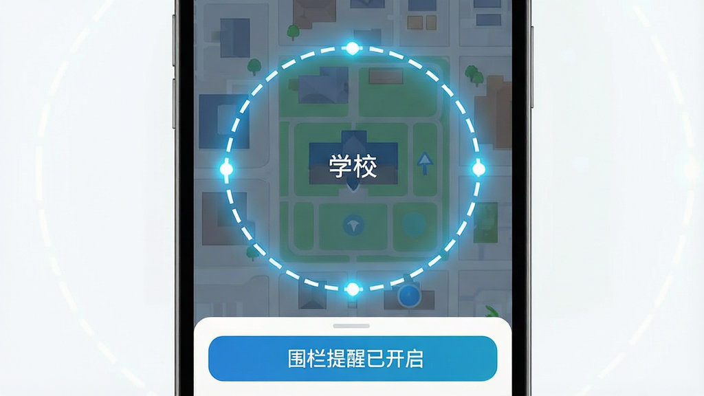 一张手机界面示意图,画面中手机定位查找软件的地图界面上有一个用虚线圆圈标注的安全区域,圆圈中心显示“学校”二字,圆圈边缘有高亮光效,界面下方有“围栏提醒已开启”的提示条,整体风格科技感强,画质高清,干净无多余元素