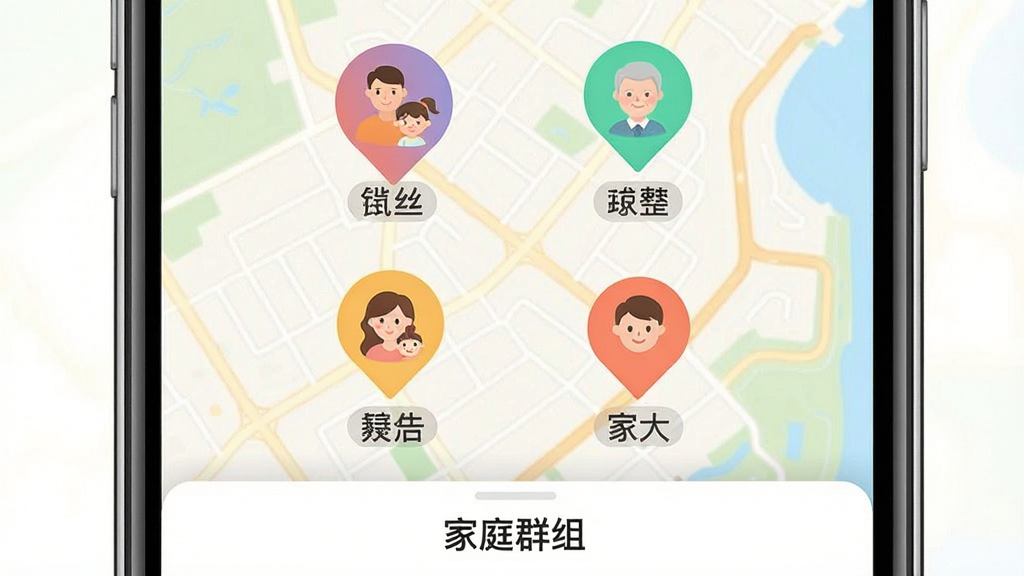 一张手机界面展示图,画面中手机定位查找软件以地图为主背景,地图上同时显示四个不同颜色的定位头像图标,分别代表不同家庭成员,每个图标下方有昵称标签,界面底部显示“家庭群组”四个字,整体布局清晰,风格温馨,画质高清,干净无多余元素