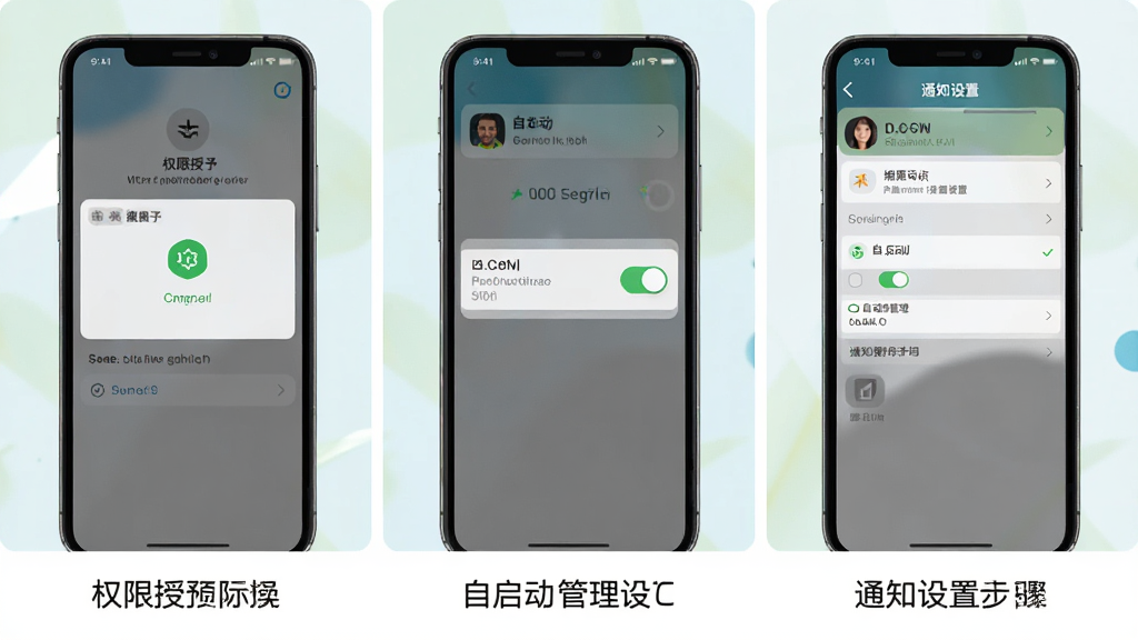 一张手机操作步骤示意图,画面分为三个小步骤从左到右排列,第一步显示权限授予界面,第二步显示自启动管理开关,第三步显示通知设置页面,每个步骤下方有简要文字标注,整体风格清晰明了,画质高清,干净无多余元素
