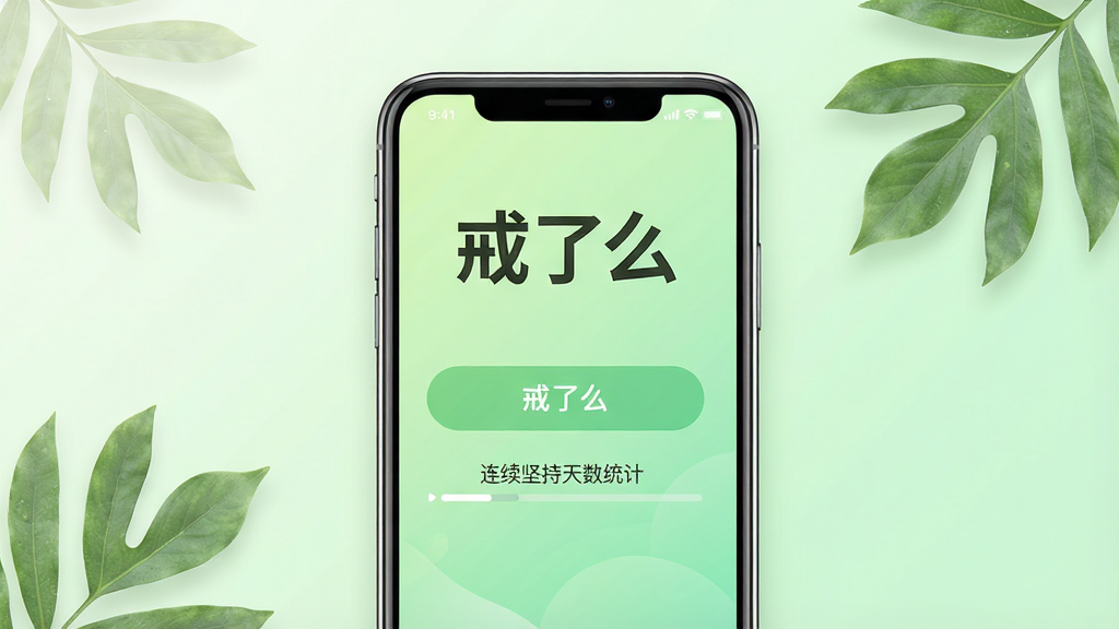 一张展示手机屏幕的图片,屏幕中央显示“戒了么”应用主界面,界面顶部有“戒了么”三个大字的标志,下方是打卡按钮和连续坚持天数统计,背景是清新的浅绿色渐变,手机周围有淡淡的植物叶片装饰,整体风格简洁明快,画质清晰,干净,无多余元素