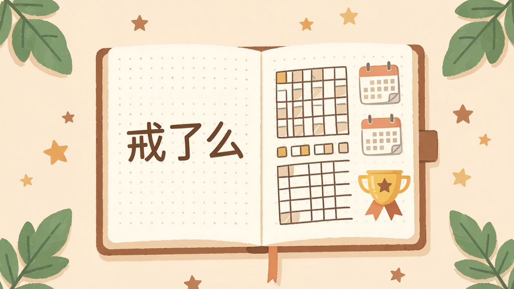 一张扁平化插画风格的图片,画面中央是一本打开的手账本,手账本左侧页面写着“戒了么”三个字,右侧页面画着打卡格子、日历图标和奖杯徽章,周围散落着绿叶和小星星装饰,整体色调温暖柔和,画质干净清晰,无多余元素