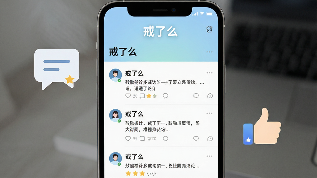 一张展示手机社区界面的图片,屏幕中显示“戒了么”社区讨论区,有多条用户动态和鼓励评论,界面顶部有“戒了么”标志,背景是淡蓝色渐变,手机旁边有对话气泡图标和点赞手势图标,整体风格现代简约,画质清晰,干净,无多余元素