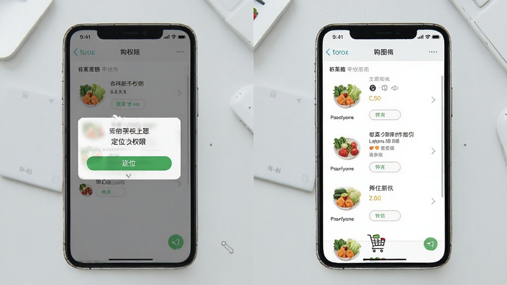 上往买菜新手操作指引图,画面为手机屏幕截图风格,展示定位权限弹窗和购物车界面,背景为浅灰色桌面,布局采用上下结构,风格简洁教程风,细节包括权限按钮和商品列表,画质清晰,干净,无多余元素
