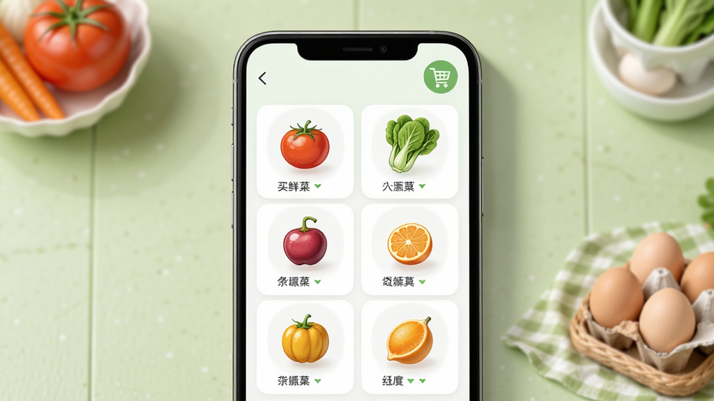 上往买菜应用主界面展示,画面中央是手机屏幕,屏幕内显示新鲜蔬菜水果分类列表和购物车图标,背景为浅绿色厨房台面,布局采用居中构图,风格清新写实,细节包括西红柿、青菜、鸡蛋等食材图标,画质高清,干净,无多余元素