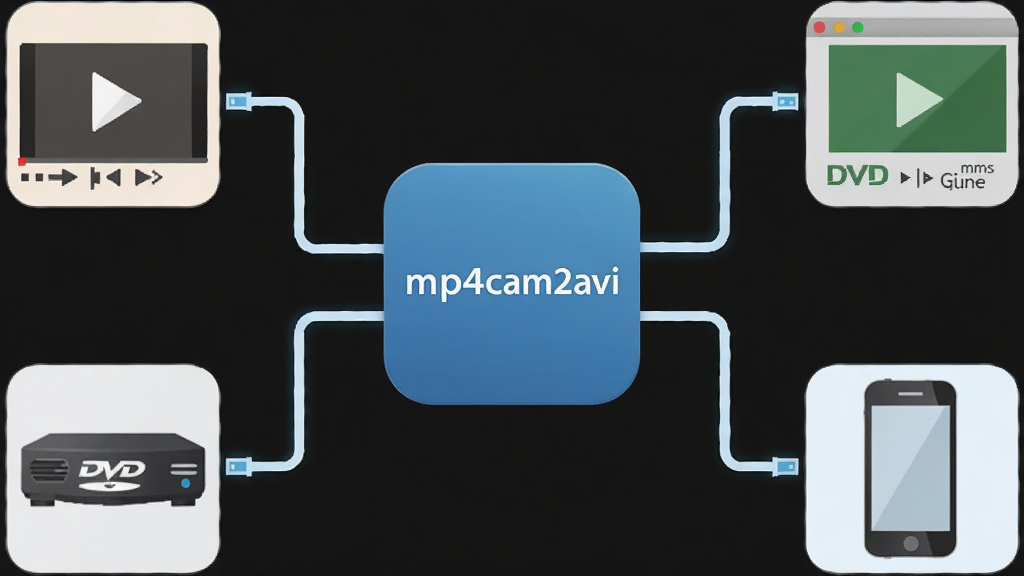 mp4cam2avi软件图标位于中心,四周连接着播放器、编辑软件、DVD机、手机等设备的图标,用线条表示兼容连接,风格为扁平化信息图,细节有连接线和设备简图,画质清晰,干净,无多余元素