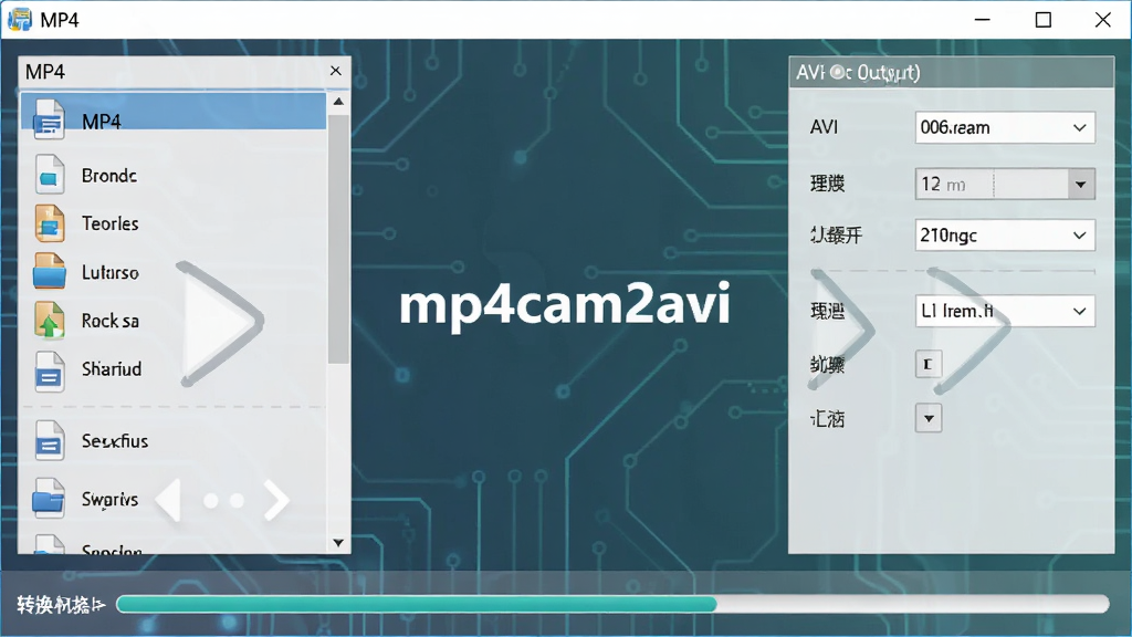 软件界面简洁,中央是mp4cam2avi软件名称,左侧显示MP4文件列表,右侧显示AVI输出设置,底部有转换进度条,整体布局清晰,风格为现代简约科技感,细节包含文件图标和转换箭头,画质高清,干净,无多余元素