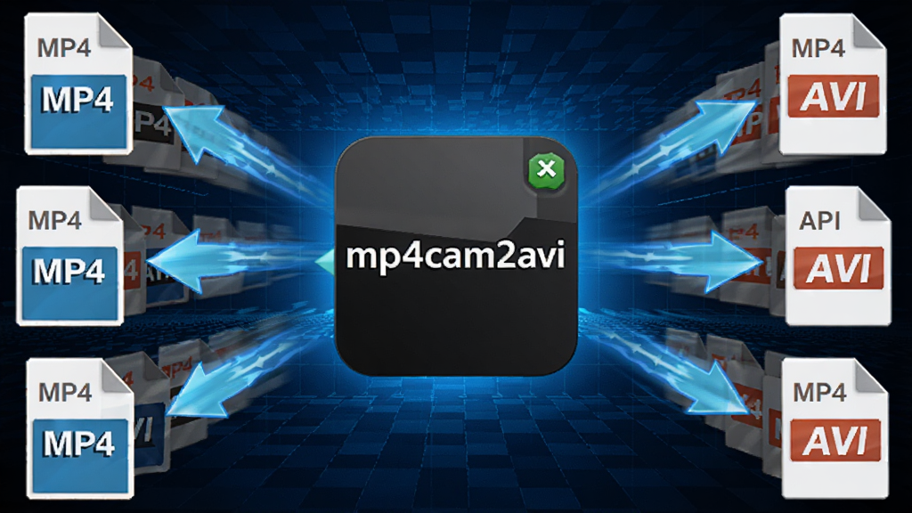 画面中央是mp4cam2avi软件图标,周围环绕多个MP4文件图标正通过光速箭头变成AVI文件图标,背景是深蓝色科技网格,风格为动感科技,细节有速度线和光效,画质清晰,干净,无多余元素