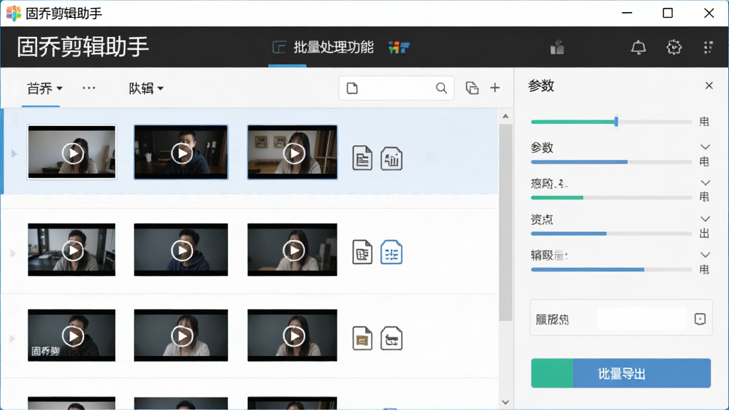 固乔剪辑助手批量处理功能界面,主体为软件窗口内多个视频文件列表,布局为左侧文件队列、右侧参数设置面板,排版整齐,风格为清爽工具类界面,细节包括文件缩略图、格式图标、进度条与批量导出按钮,画面中有“固乔剪辑助手”文字标识,画质高清,干净无多余元素