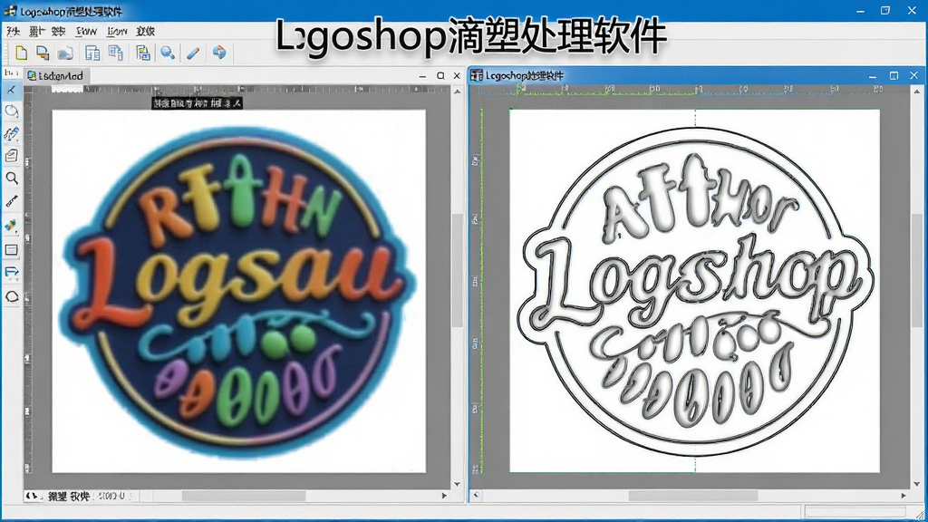 一张展示Logoshop滴塑处理软件自动轮廓识别功能的图片,画面中软件界面正在将一张彩色滴塑商标位图转换为清晰的矢量线条,左侧显示原始图片,右侧显示矢量轮廓结果,界面配色为浅灰色与蓝色,风格为写实软件功能演示图,细节清晰,画质干净,无多余元素,图片中可见文字“Logoshop滴塑处理软件”