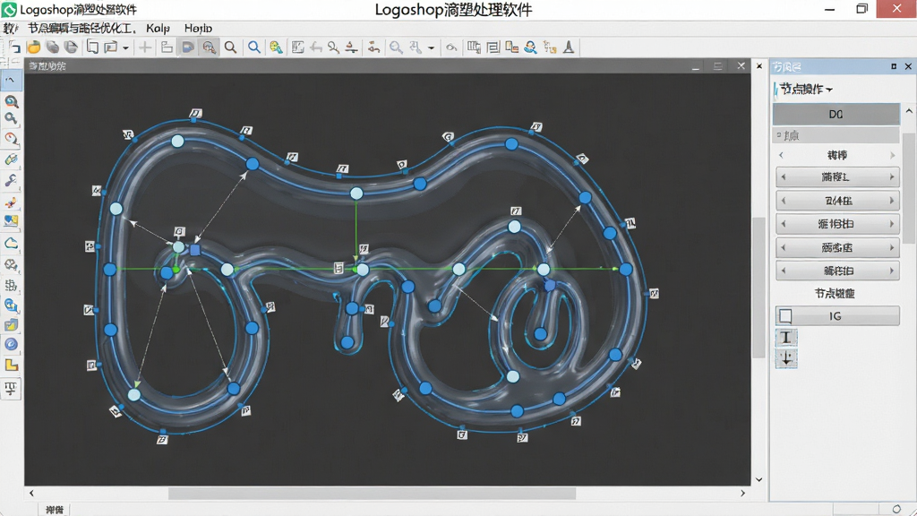 一张展示Logoshop滴塑处理软件节点编辑与路径优化工具的图片,画面中软件界面显示一条滴塑图案轮廓线,线上有多个可拖拽的节点,右侧有节点操作按钮,风格为写实软件界面截图,细节清晰,画质干净,无多余元素,图片中可见文字“Logoshop滴塑处理软件”