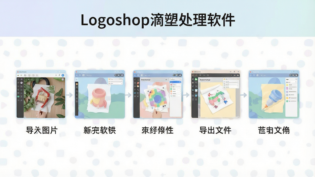 一张展示Logoshop滴塑处理软件新手操作流程的示意图,画面以流程图形式呈现从导入图片到导出文件的五个步骤,每个步骤配有软件界面小图和简短文字说明,风格为扁平化信息图,配色柔和,细节清晰,画质干净,无多余元素,图片中可见文字“Logoshop滴塑处理软件”