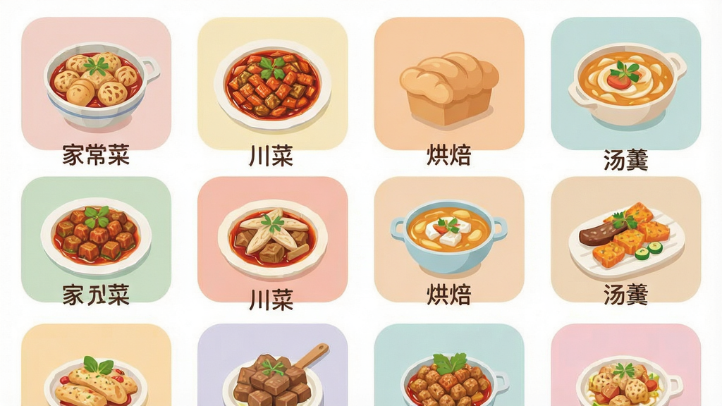 魔鬼美食菜谱大全分类页面展示,画面以网格形式排列多个菜品分类图标,包括“家常菜”“川菜”“烘焙”“汤羹”等,每个图标配有一道代表菜品的小图,整体布局整齐,风格为扁平化设计,细节包括图标圆角、配色柔和,画质清晰,干净,无多余元素