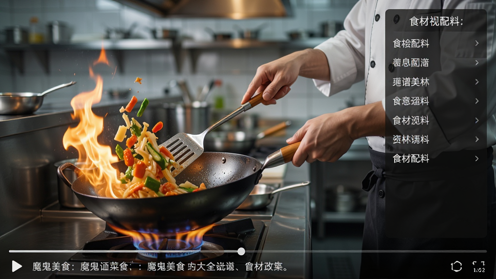 魔鬼美食菜谱大全视频教程播放界面,画面中一位厨师正在灶台前演示炒菜动作,屏幕下方有进度条与步骤提示文字,右侧有食材配料列表,背景是专业厨房环境,布局合理,风格为写实视频截图风,细节包括火焰效果、锅铲翻动、食材色泽,画质高清,干净,无多余元素