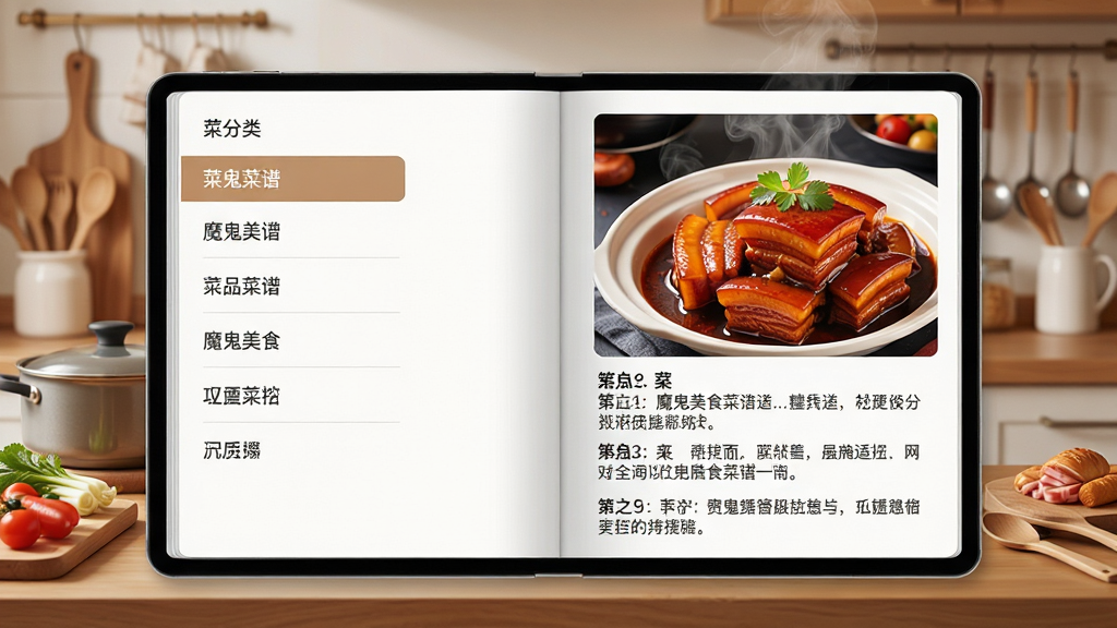 魔鬼美食菜谱大全软件主界面展示,画面中央是一本翻开的电子菜谱,左侧显示菜品分类目录,右侧展示一道色香味俱全的红烧肉成品图与详细步骤,背景是温馨的家庭厨房环境,布局简洁清晰,排版整齐有序,风格为写实美食摄影风,细节包括食材纹理、蒸汽效果、厨具摆放,画质高清,干净,无多余元素