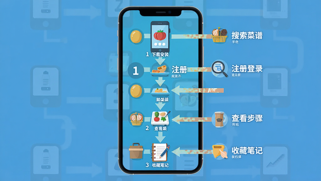 魔鬼美食菜谱大全新手操作流程图,画面以手机屏幕为主体,展示从下载安装到注册登录、搜索菜谱、查看步骤、收藏笔记的完整流程,每一步用箭头连接并配有简短文字说明,布局为纵向流程图,风格为扁平化信息图,细节包括手机图标、箭头、步骤序号,画质清晰,干净,无多余元素